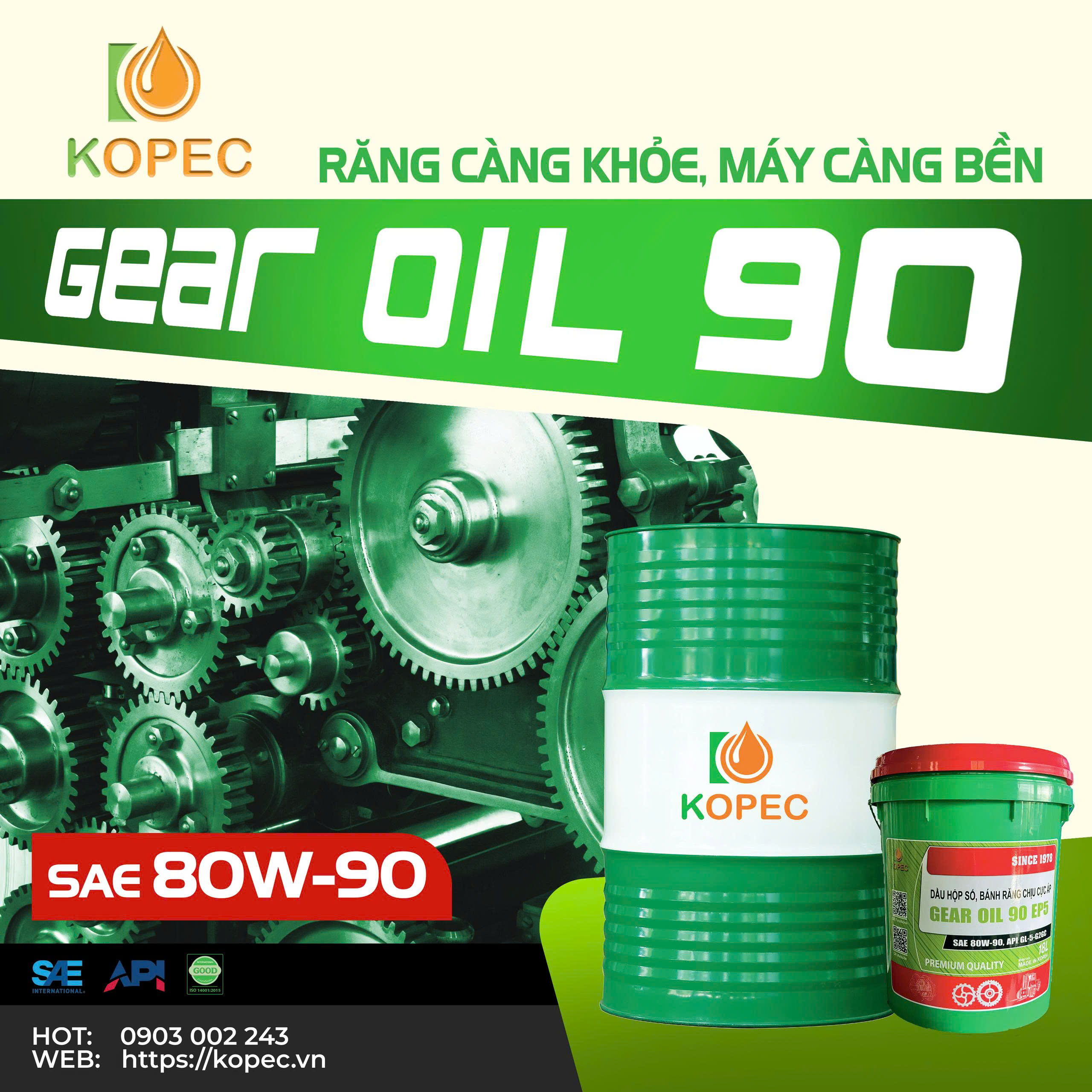 Read more about the article KOPEC GEAR OIL 90 EP5 (SAE 80W-90, API GL-5) — Dầu hộp số, bánh răng chịu cực áp, răng càng khỏe máy càng bền